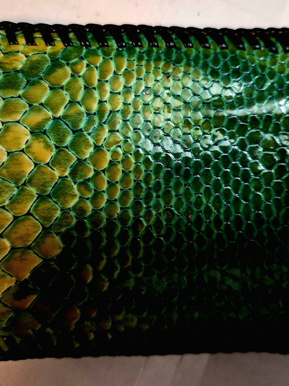 Green Snakeskin Bifold Wallet Ombre Python Pattern Whipstitch Edge